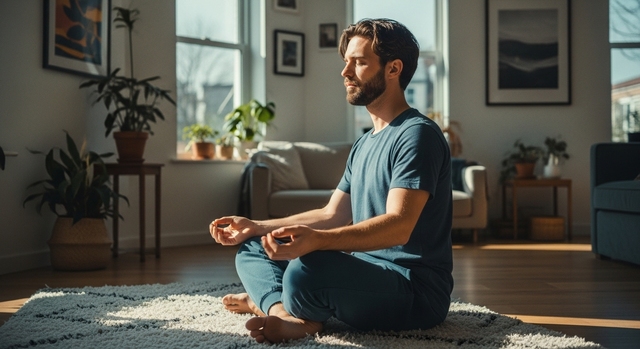 Persona meditando en casa
