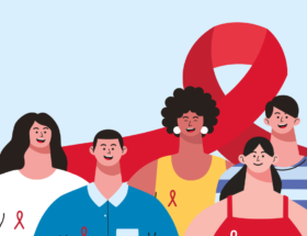 animación personas con moño rojo simbolo de la lucha vs vih