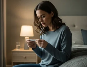 Mujer observando prueba de embarazo