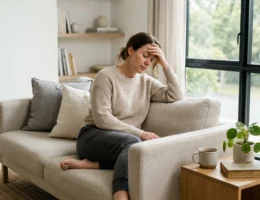 Mujer joven con fiebre midiendo su temperatura en el salón de casa con un termómetro digital.