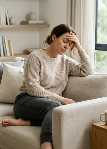 Mujer joven con fiebre midiendo su temperatura en el salón de casa con un termómetro digital.